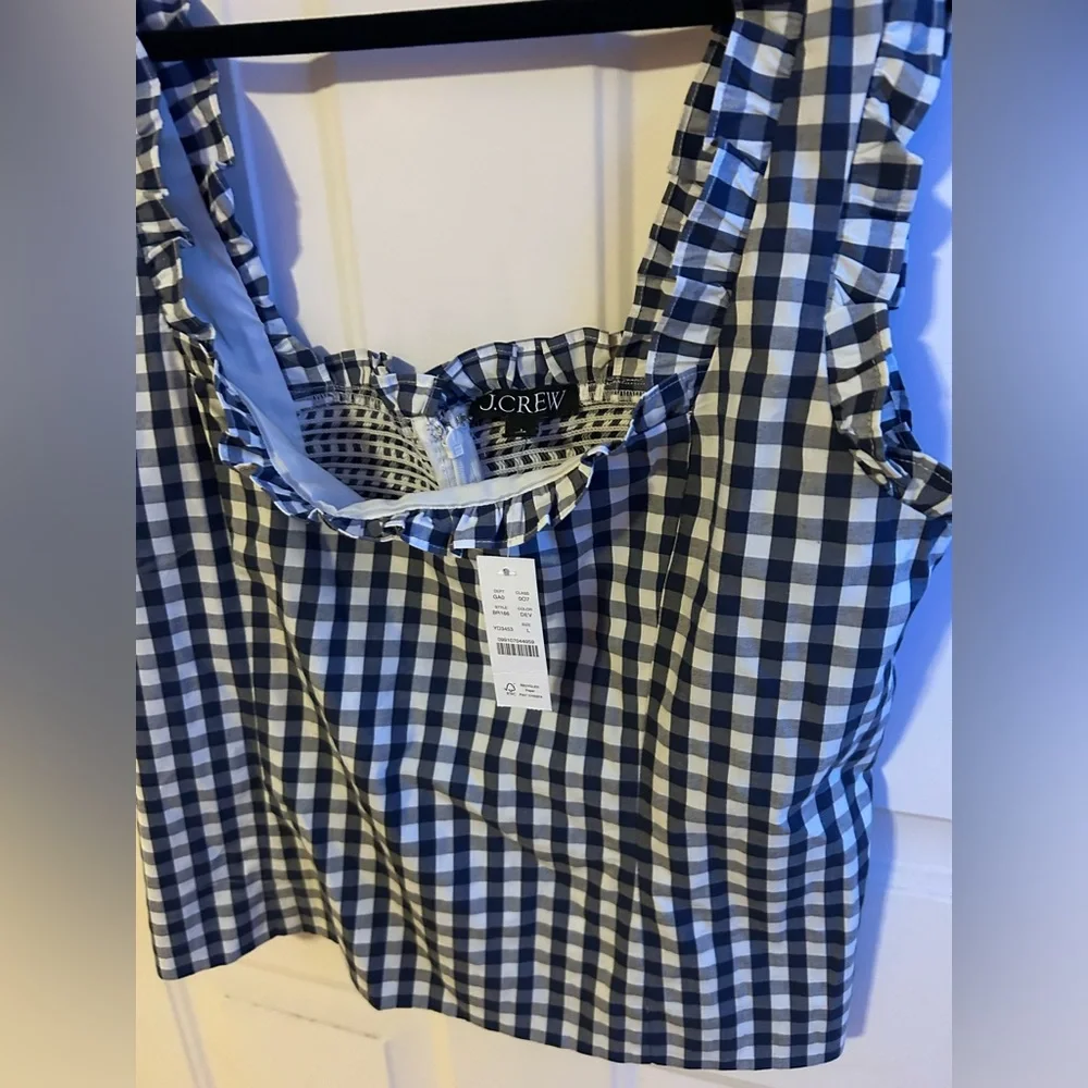 J.Crew Blue Gingham Smocked Ruffle Strap Top Size Large NWT Re-Imagined - Picture 12 of 14